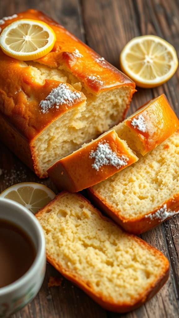 Sliced lemon loaf with powdered sugar and lemon slices on a rustic table.